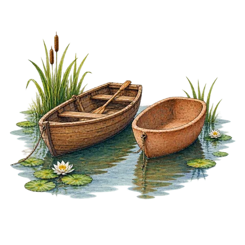 A wooden boat beside an empty clay boat on a quiet pond