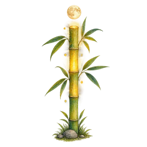 A glowing bamboo stalk with a tiny moon above it
