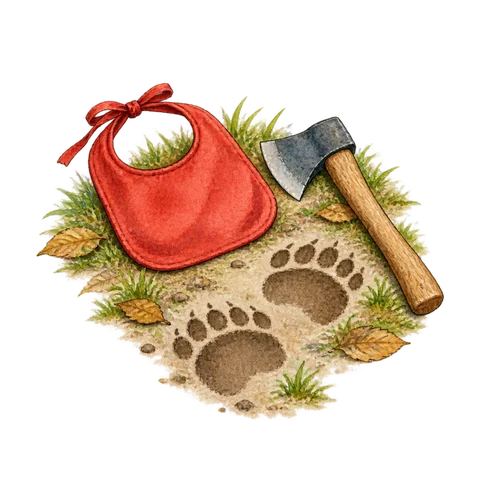 A child’s red bib and a small axe beside bear footprints