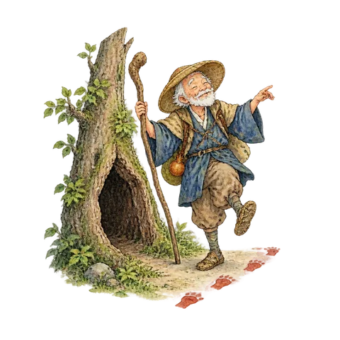 An old traveler dancing beside a hollow tree and small oni footprints