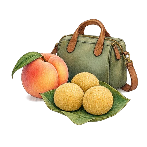 A peach beside three millet dumplings and a small travel bag