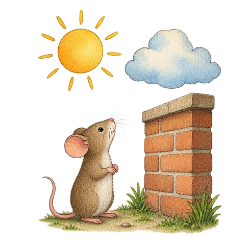 A small mouse looking up at a sun, a cloud and a brick wall