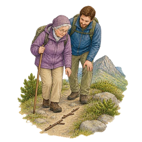 An elderly woman and her adult son beside a mountain path marked with twigs