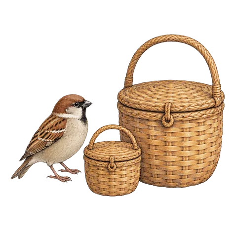 A sparrow beside a small closed basket and a large closed basket