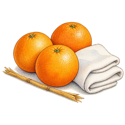 A piece of straw, three oranges and a folded white cloth