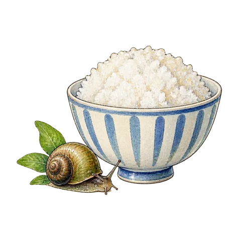 A tiny freshwater snail resting beside a rice bowl