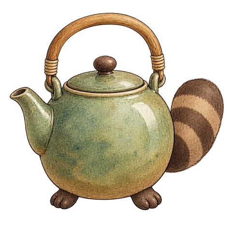 A round tea kettle with a tanuki tail and small feet