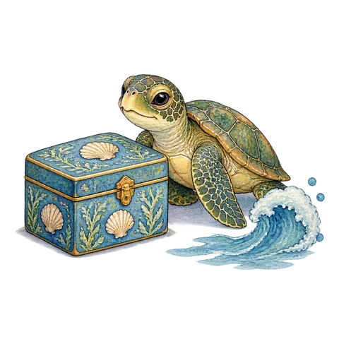A turtle beside a closed decorated box and a small wave