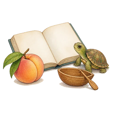 A peach, a turtle and a tiny wooden bowl boat beside an open blank storybook