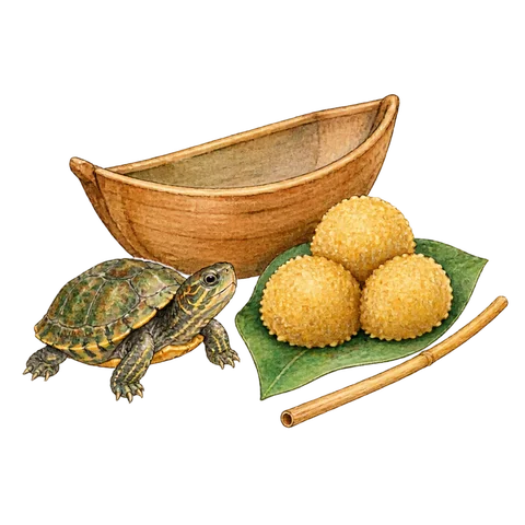 A small bowl boat beside millet dumplings, a turtle and a straw