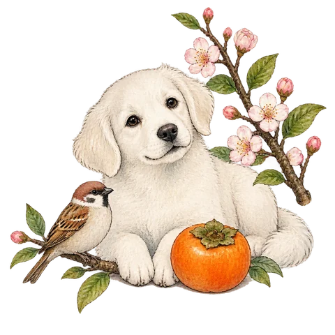 A white dog, a sparrow and a persimmon beside a blossoming branch
