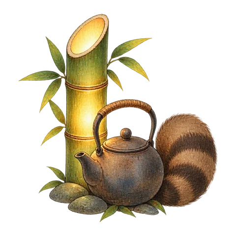 A glowing bamboo stalk beside a tea kettle with a tanuki tail