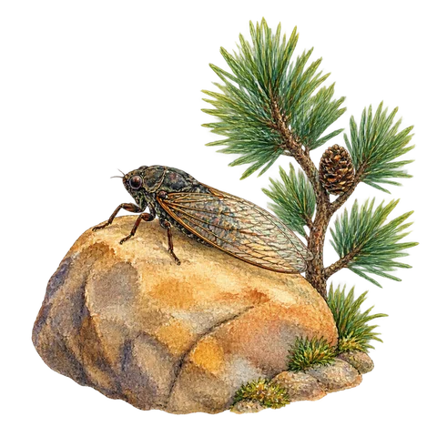 A cicada resting on a warm rock beside a pine
