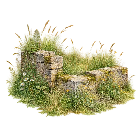 Summer grasses covering an old stone foundation