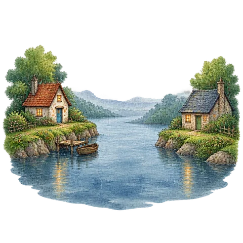 Two tiny houses facing a wide rainy river