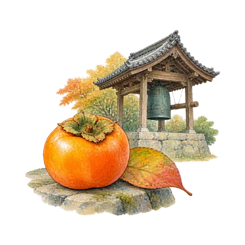 One orange persimmon beside a distant temple bell