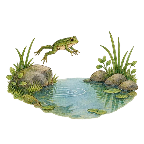 A small frog jumping toward a still pond