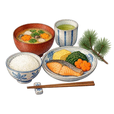 A modest New Year meal beside a single pine sprig