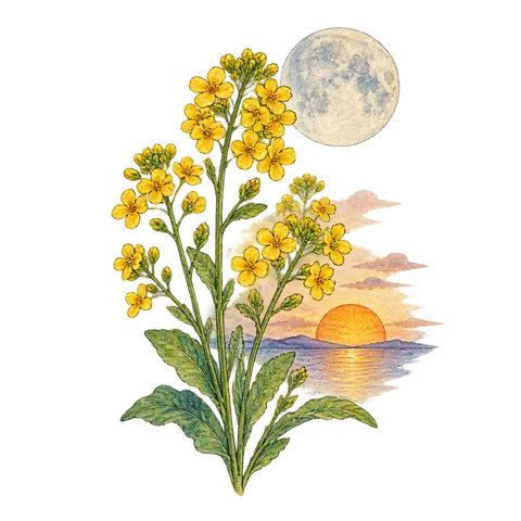 Yellow mustard flowers with a moon and setting sun