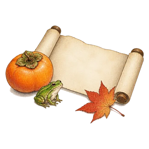 An open blank poetry scroll beside a persimmon, a small frog and one maple leaf