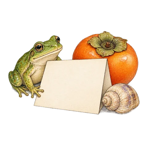 A frog, a persimmon and a small shell arranged around a blank folded poem card