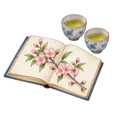 An open Japanese notebook with a flowering branch and two small cups beside it