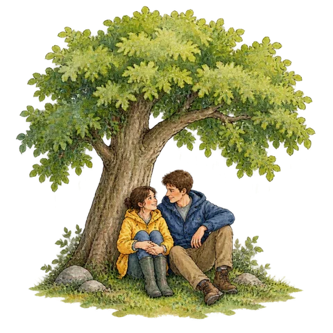 Two people sharing shelter beneath a broad leafy tree