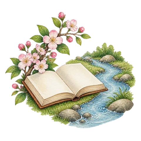 A small river winding past an open book and a flowering branch