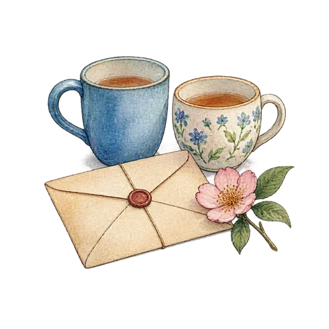Two simple cups beside a closed letter and a single blossom