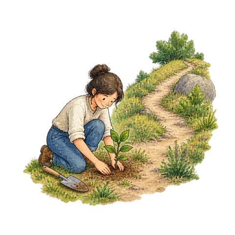 A person tending a small plant beside a path leading uphill