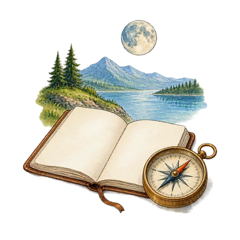 An open notebook, a compass and a small moon above a quiet landscape