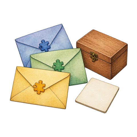 Three closed puzzle envelopes beside a small wooden box and a blank square writing tile