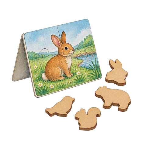 A folded puzzle card beside small wooden animal silhouette tokens turned face down
