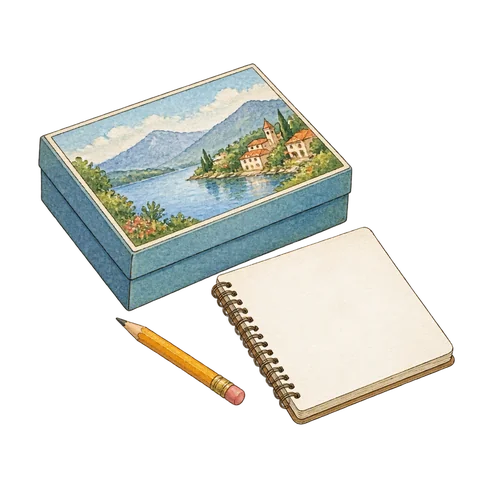 A closed puzzle box beside a blank notebook and a small pencil