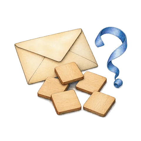 Blank kana-sized wooden tiles arranged beside a closed envelope and a small question-shaped ribbon