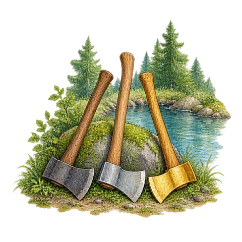 An iron axe, a silver axe and a gold axe beside a forest pool