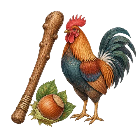 A wooden magic club beside a hazelnut and a rooster