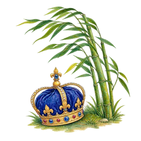 A royal hat beside tall bamboo bending in the wind