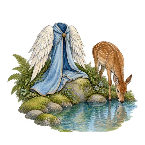 A winged robe beside a forest pool and a deer