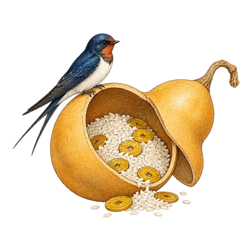 A swallow beside a large open gourd filled with rice and coins