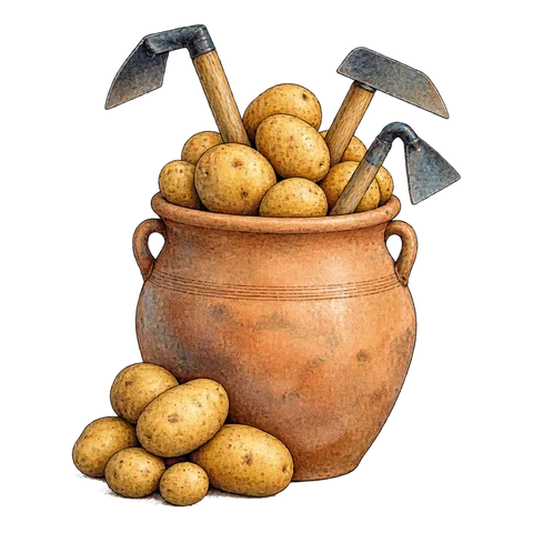 A large earthenware jar overflowing with potatoes and small hoes