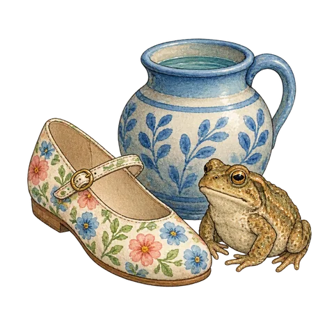 A flower-patterned shoe beside a toad and a water jar