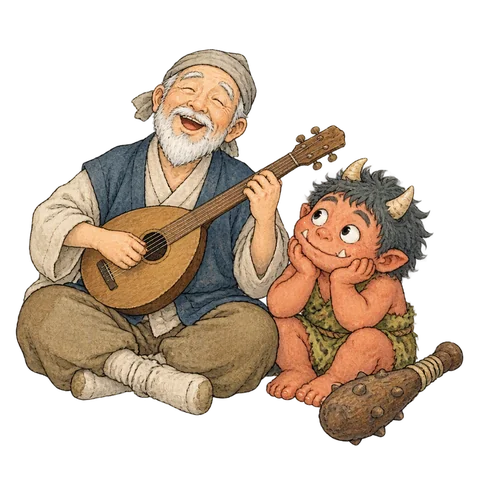 A smiling old singer beside a curious dokkaebi and a wooden club