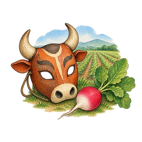 An ox mask beside a radish and a field