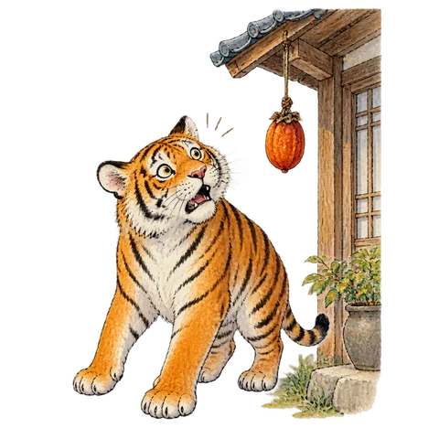 A startled tiger beside a dried persimmon hanging outside a house