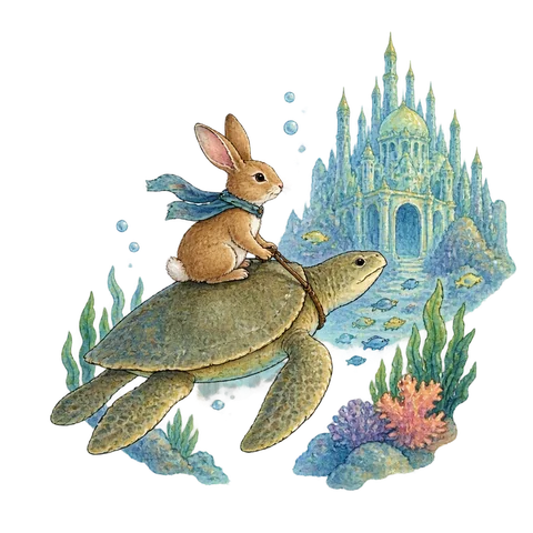 A rabbit riding a softshell turtle toward an underwater palace