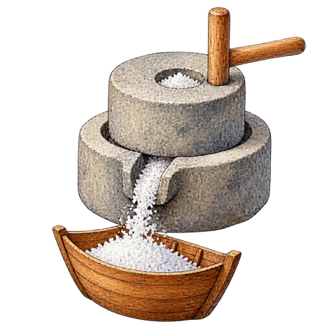A stone hand mill pouring salt into a small wooden boat