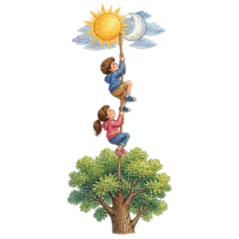 Two children climbing a strong rope toward a sun and a moon above a tree