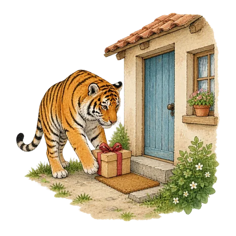 A tiger leaving a gift outside a humble home