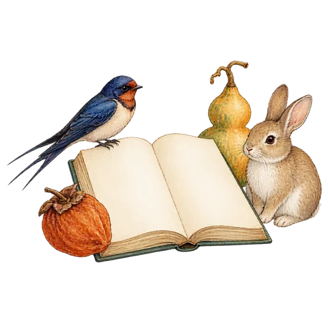 A swallow, a dried persimmon, a small gourd and a rabbit beside an open blank storybook